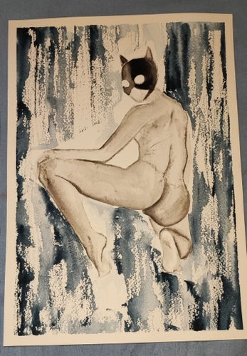Akvarellmålning av kvinna i kattmask