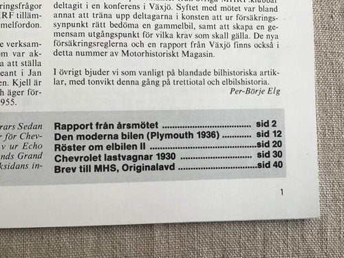 MOTORHISTORISKT MAGASIN NR 1 1981 PLYMOUNT ,CHEVROLET LASTVAGNAR,ELBILEN,ELBIL