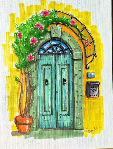 Original illustration – Italiensk villadörr, ~A5 (alcoholbaserade marker)