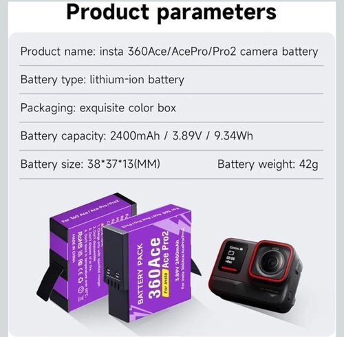 Kamerabatteri 2st 2400 mAh ersättningsbatteri för Insta 360 Ace Pro/ 360 Ace Pro