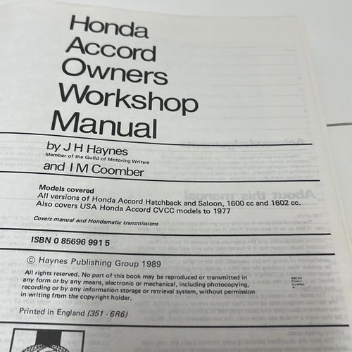 Honda Accord Owners Workshop Manual , 1976-1984