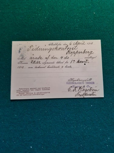 Vackert stämplat brefkort Stockholm 2 Afg 6 1911