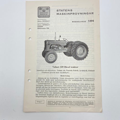 Traktor Valmet 359 Diesel - Meddelande 1494 - Statens Maskinprovningar