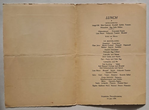Meny - Svenska Amerika Linien - Gripsholm 1939. (Annons 9/10).