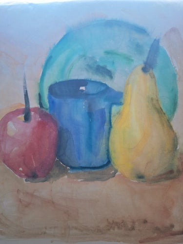 Still life Watercolor by Christina Svensson Akvarellmålning med frukt och kopp