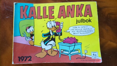 Kalle Anka julbok 1972, namn framsida och s 3, fläckar baksida