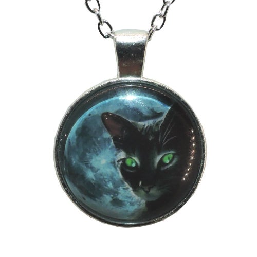 Halssmycke i glas med motiv [K02] - Svart katt med gröna ögon -Fullmåne [Silver]