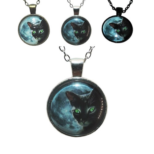 Halssmycke i glas med motiv [K02] - Svart katt med gröna ögon -Fullmåne [Silver]