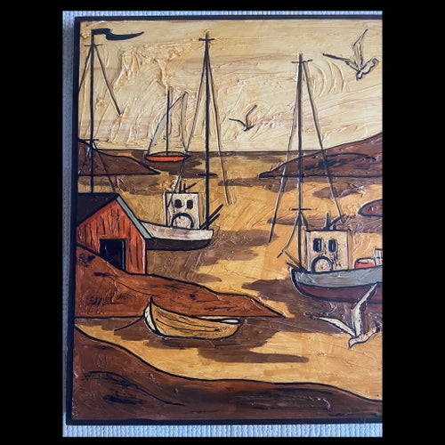 Gunilla Härtel, ”Sjöläge med båtar” signerad målning på pannå ca:60x114 cm.