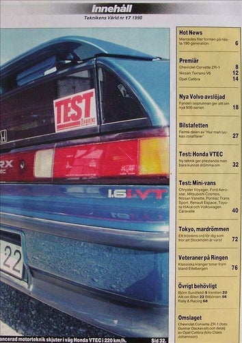 TEKNIKENS VÄRLD 1990/17.Mercedes 190.Corvette.Terrano.Calibra.Honda.Pontiac.Chr