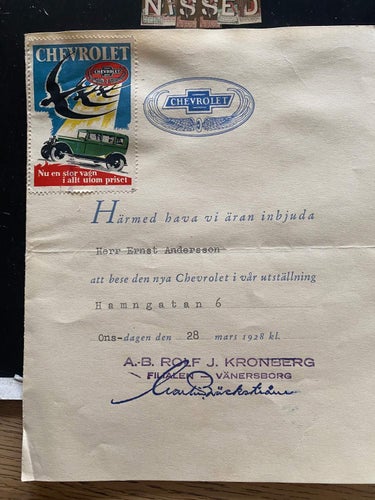 Inbjudan från Chevrolet Rolf Kronberg Vänersborg. Med brevmärke 1928