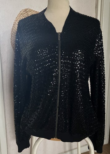 Jimmy Choo for H&M, svart festlig bomberjacka av paljetter, stl M/L