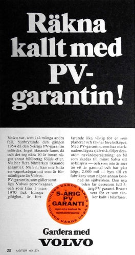 VOLVO - 5-ÅRIG PV-GARANTI TIDNINGSANNONS 1971