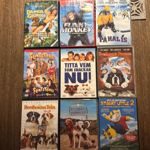 DVD-filmer: Djungel George, Funky Monkey, På Hal Is, Familjen Flinta, Titta Vem
