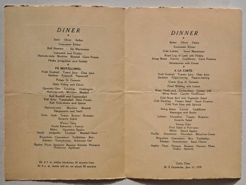 Meny - Svenska Amerika Linien - Gripsholm 1939. (Annons 8/10).