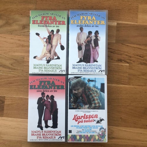 4 VHS-filmer: Fem myror är fler än fyra elefanter, alla 3, och Karlsson på taket