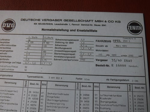 Förgasarspecifikationer/reservdelslista Opel Commodore B 2500S manuell, 3.1972.
