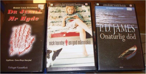 3 ljudböcker, Robert Louis Stevenson, Nick Hornby,  P. D. James, Kassettböcker