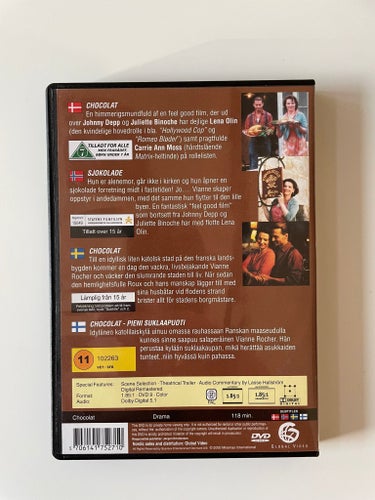 Chocolat DVD Johnny Depp och Juliette Binoche. Svensk text.