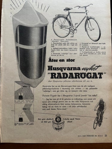 Husqvarna Cykel 1952 Annons Radarögar baklyse