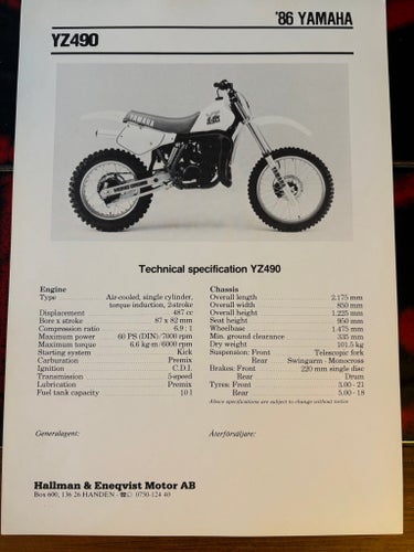 Yamaha YZ490 1986 brochyr