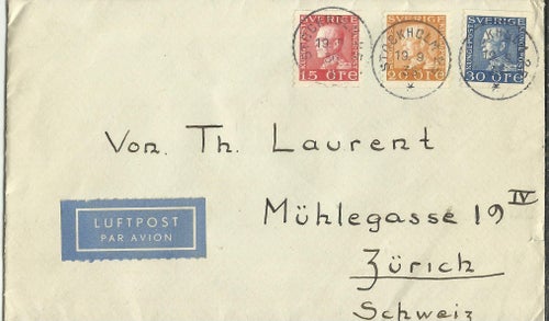 Flygbrev till Schweiz frankerat 15+20+30 öre Stockholm 25 sept 1936-vackert