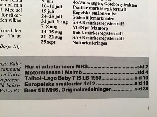 MOTORHISTORISKT MAGASIN NR 5 1982 MOTORMÄSSAN I MALMÖ,TALBOT LAGO BABY T15