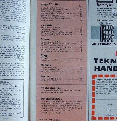 TEKNIKENS VÄRLD 1954/21.Monark Blue Top.Ford Consul.Stjärnknuttetävling.