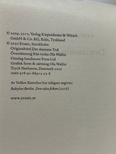 Den stumma döden av Volker Kutscher, bok, Very Fine