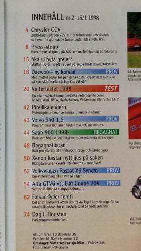 Teknikens Värld 2 1998: VW Passat V6 Syncro, Fiat Coupé Turbo 20V, Alfa GTV V6