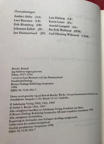 BRECHT Jag behöver ingen gravsten 1917-1956 Bertolt Brecht 1998