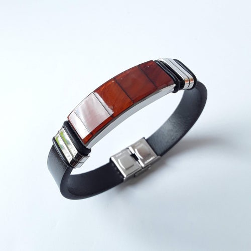Baltiskt bärnsten och svart läderarmband unisex justerbart stilfullt