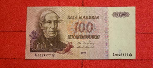 Finland 100 mark 1976 ersättnings-/stjärnnotat serienummer: A 0029577 * P109r(7)