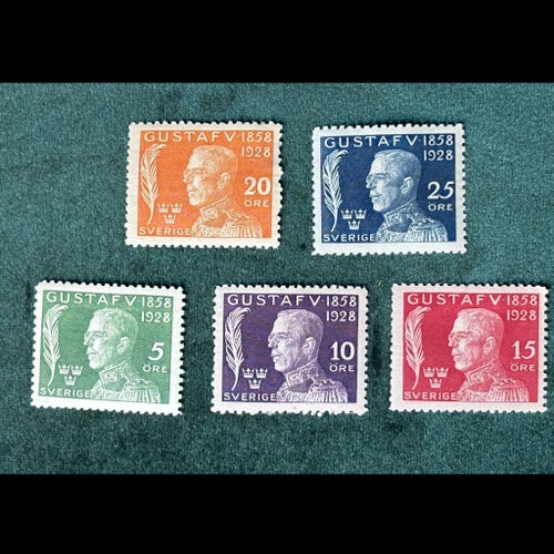 F226 - F230 * Komplett serie, Gustav V 70 år. KV ca. 300 kr. Fina märken.