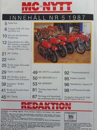 MC-Nytt nr 5 1987: Yamaha TZR 125, Kawasaki ZL 1000, MV Agusta 500 Racer