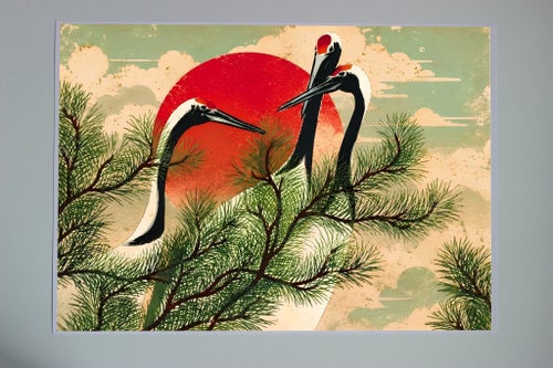Affisch A3 (29.7 x 42.0) Japansk konst med tranor och solnedgång