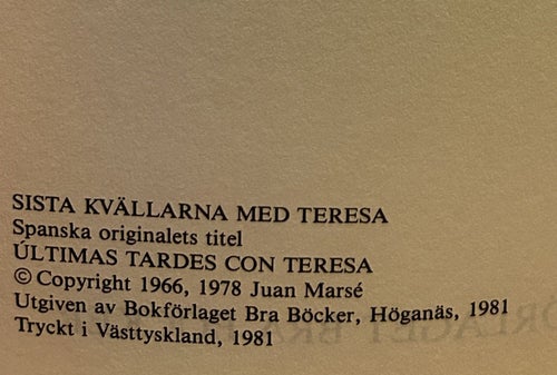Sista kvällarna med Teresa av Juan Marse. Bok. Very Fine