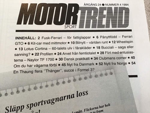 MOTORTREND NR 4 1984 FUSK FERRARI,LOTUS CORTINA,BUCCIALI SAGA,JAGUAR SUPERBA