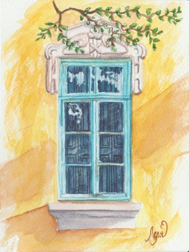 Original akvarell | Medelhavsinspirerat fönster | Italien | 15 × 20 cm