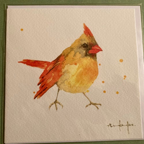 3 Nya dubbelvikta konstkort, kuvert. Fågel "Cardinal Lady" Alison Fenell + Cykel