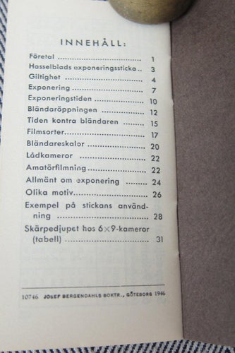 Hasselblad Något om exponering Tillhör Hasselblads exponeringssticka 1946