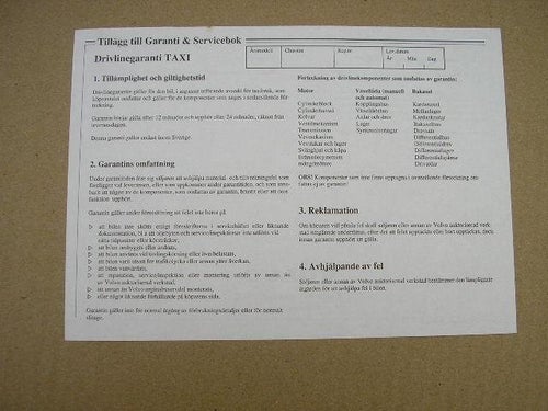 VOLVO Tillägg Garanti o Servicebok Taxi