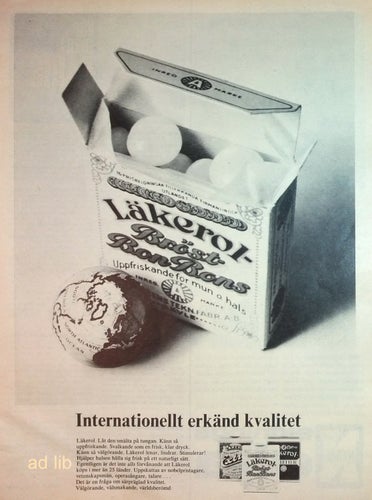 LÄKEROL - INTERNATIONELLT ERKÄND KVALITET, REKLAM TIDNINGSANNONS 1966