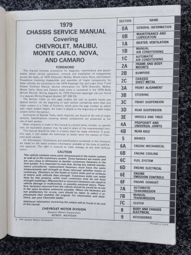 Chevrolet Camaro Malibu Monte Carlo Nova Service Manual 1979
