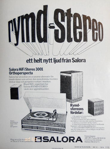 SALORA - RYMD-STEREO, HI-FI TIDNINGSANNONS 1974