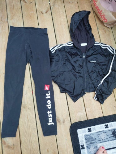 Adidas jacka, Nike leggings, stl S, stl 36