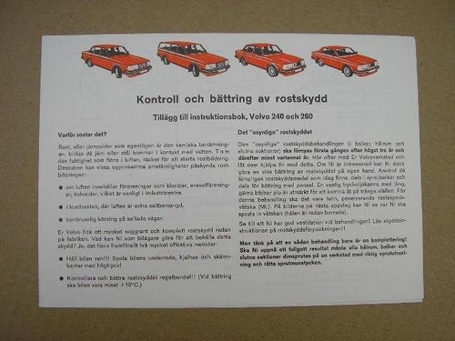 VOLVO Tillägg Instruktionsbok 240 260 Rostskyddet