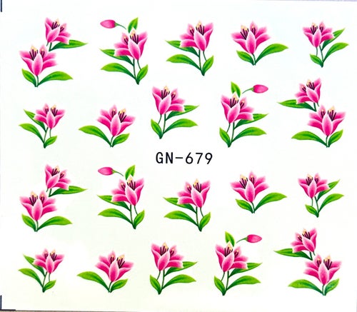 Nail Art Stickers vackra rosa liljor o gröna blad naglar design trend
