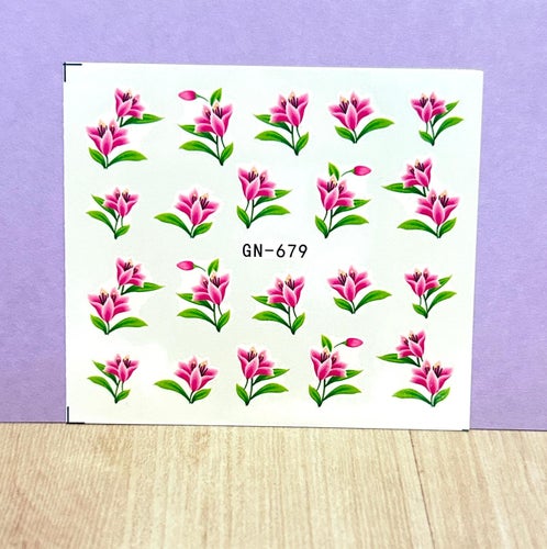 Nail Art Stickers vackra rosa liljor o gröna blad naglar design trend