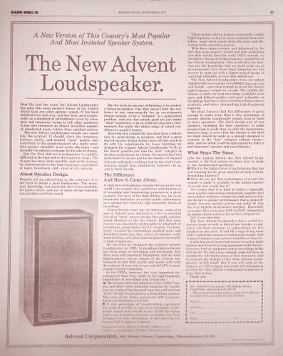 ADVENT LOUDSPEAKERS, HI-FI REKLAM STOR TIDNINGSANNONS 1977
